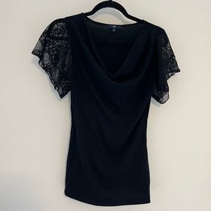 Gap cowl neck black blouse with lace flutter sleeve S